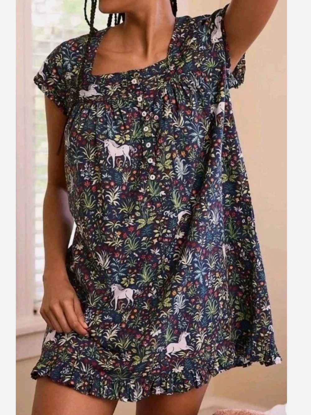 Anthropologie Print Fresh Unicorn Garden Floral Print Nightgown Pocket Dress Med
